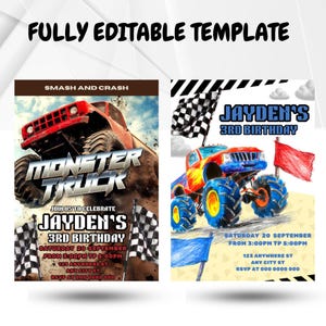 Editable Monster Truck Birthday Invitation Template / Monster Truck Birthday Invitation For Racer Boys and Girls / Monster truck Invite