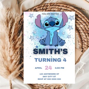Modelo de convite de aniversário Stitch / Modelo de convite para seu 4º aniversário / Modelo de convite de aniversário infantil editável