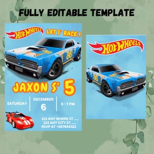Editable Hot Wheel Birthday Invitation For Kids / Kids Birthday Invitation Template / Editable Racing Birthday Invitation Template