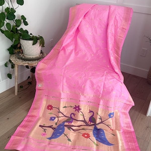 Handloom Pure Silk Paithani Saree: Gulal Pink, Peacock Pallu