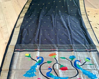 Handwoven Black Cotton Paithani Saree, Silver Zari Peacock Pallu