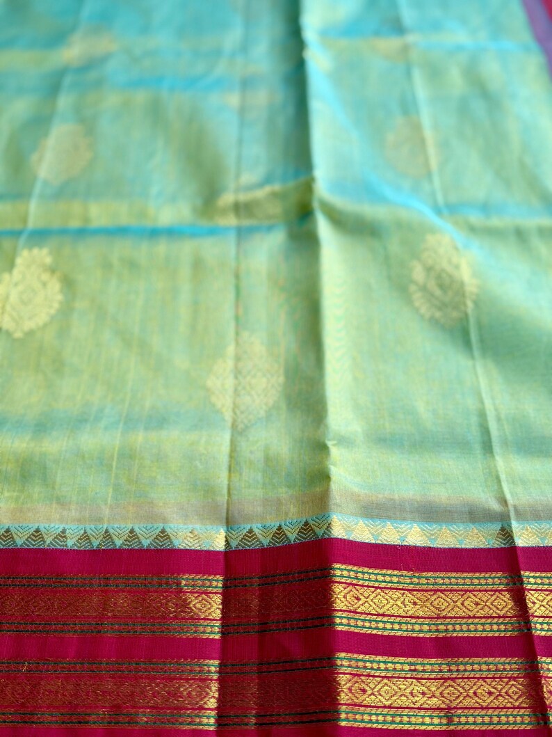 SKH122 PURE KANCHIPURAM HANDLOOM SICO KORVAI SILK COTTON SAREE IN BLUE WITH RED BORDER main image 0
