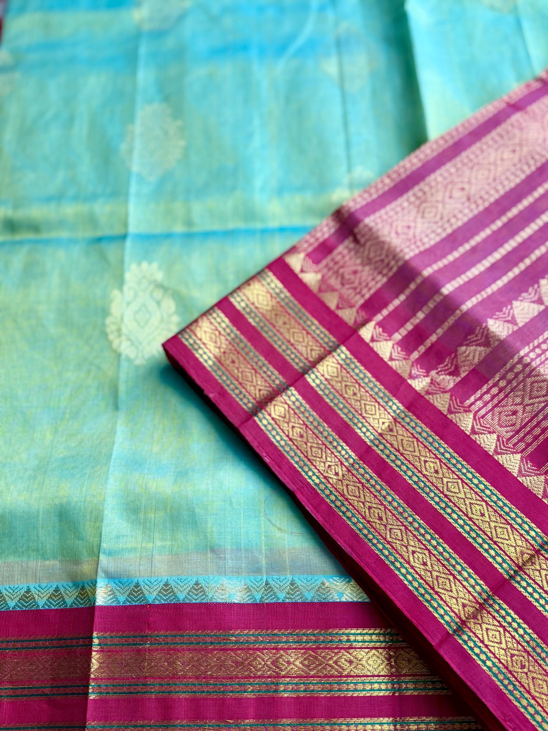SKH122 PURE KANCHIPURAM HANDLOOM SICO KORVAI SILK COTTON SAREE IN BLUE WITH RED BORDER main image 1