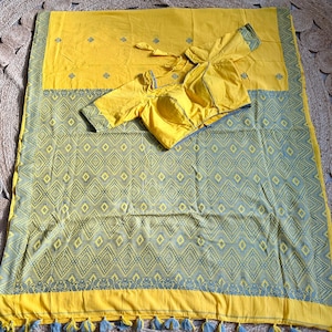 Assam Handloom handwoven cotton saree with stitched blouse | Beautiful bright yellow color pure cotton saree and blouse set