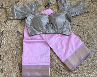 Handloom Pure Silk Maheshwari Saree: Pastel Pink, Gold Zari Border, Maggam Work Blouse