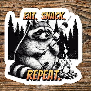 Raccoon Stickers - Eat, Snack, Repeat, Raccoon Camping Stickers, Funny Raccoon, Great for Journals, Laptops, Water Bottles, S&#39;more Sticker