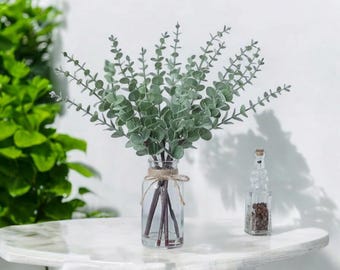 Sage Green Eucalyptus Stems in Glass Vase with Faux Water – 17.5” Realistic Fake Plant Arrangement for Table Centerpiece and Wedding Decor