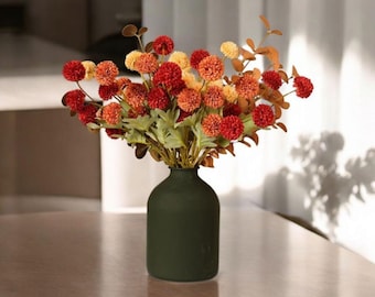 Burnt Orange Fall Flower Stems - Artificial Kiku Mums & Eucalyptus Bouquet - Autumn Faux Floral Arrangement for Table Decor
