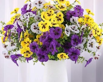 18 Bundles UV Resistant Outdoor Pansy Flowers – Faux Silk Garden Decor for Porch, Planters, Window Box, Yard (Purple Yellow White)