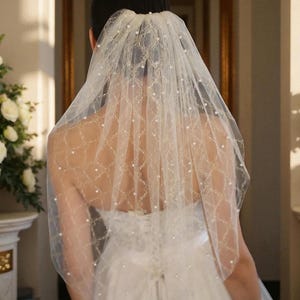Geometric Lace Wedding Veil: Hip Length Tulle Veil with Pearl Beads