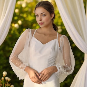 Pearl Bridal Sleeves - Detachable Wedding Arm Cuffs Tulle - Long Sleeves Beaded Vintage Style