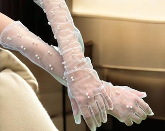 Yolev Lange Perlen Tüll Handschuhe Für Damen Wei? Produktbild-Vorschau 14