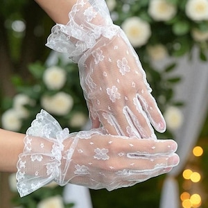 Lace Trim Wedding Gloves White Floral Mesh Gloves Bridal Gloves Below Elbow Length Party Gloves