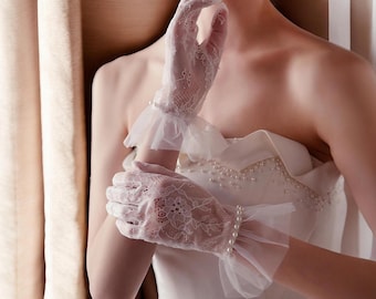 Elegant Lace Pearl Short Wedding Gloves, Vintage Bridal Gloves in White, Beige, Black, Full Finger Mesh Gloves for Weddings Parties