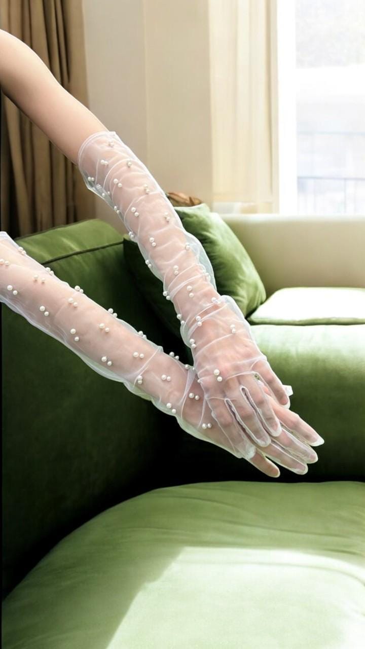 Yolev Lange Perlen Tüll Handschuhe Für Damen Wei? Produktbild-Vorschau 5