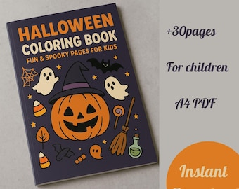 Peut inclure: Un livre de coloriage d'Halloween avec une couverture violette ornée d'une citrouille, de fantômes et de chauves-souris. La couverture indique "Halloween Coloring Book" et "Fun & Spooky Pages for Kids". Contient plus de 30 pages, pour enfants, au format A4 PDF.