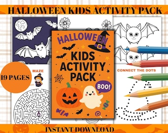 May include: A Halloween Kids Activity Pack with 19 pages. The cover features a jack-o'-lantern, ghost, and witch's hat. Includes a maze, connect-the-dots, and bat coloring pages. The words "Halloween Kids Activity Pack" are displayed.