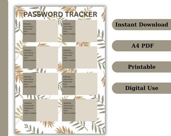 Pode incluir: Um rastreador de senhas imprimível com um design floral. A página inclui seções para registrar site, nome de usuário, senha, dica e data de criação. As palavras "PASSWORD TRACKER" estão no topo. O lado direito tem texto que diz "Instant Download", "A4 PDF", "Printable" e "Digital Use".