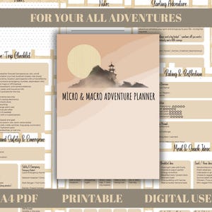 May include: A printable A4 PDF adventure planner in beige and brown tones. The cover displays a mountain silhouette and the text "MICRO & MACRO ADVENTURE PLANNER". The planner includes checklists, notes, and rating sections.
