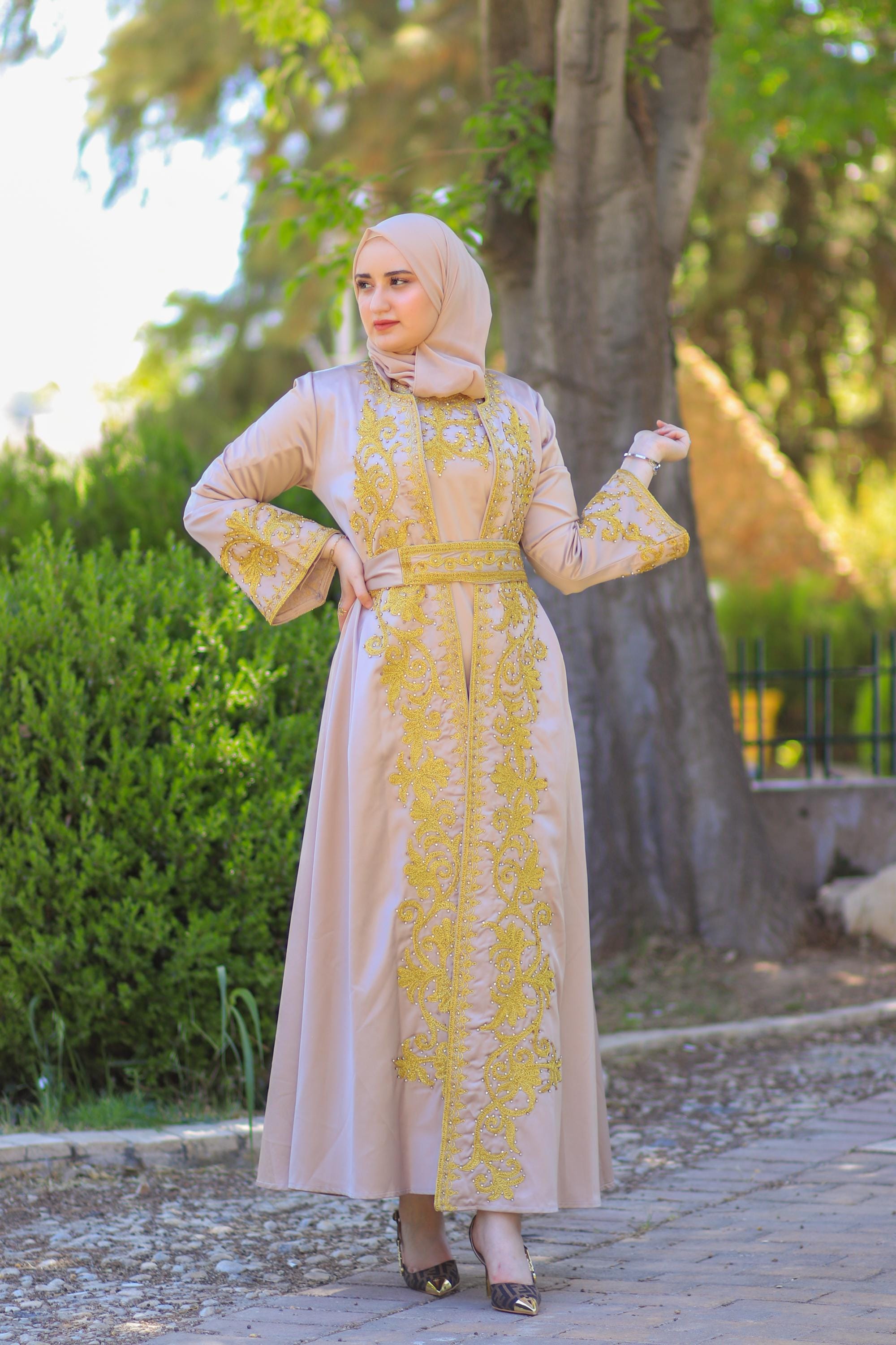 Embroidered Moroccan Kaftan Dress | Gold Trim, Modest Gown - Etsy