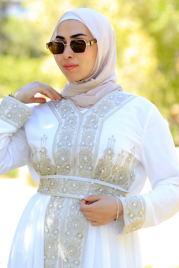 white and gold abaya dress Modest Muslim Woman's Two Piece Butterfly Abaya with Gold Sequins