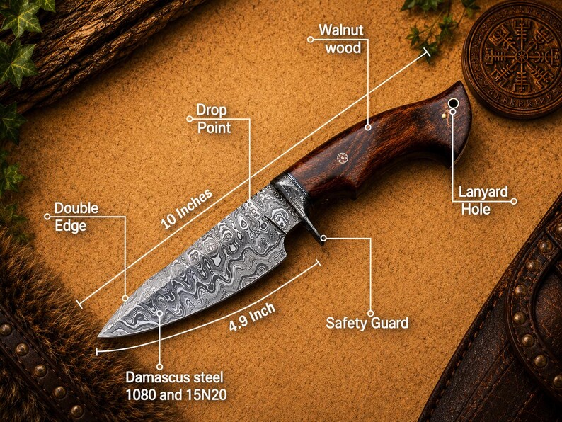 May include: A 10-inch knife with a Damascus steel blade made of 1080 and 15N20 steel, featuring a 4.9-inch edge, a drop point, and a double edge. The handle is crafted from walnut wood and includes a safety guard and a lanyard hole at the end.