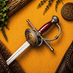 May include: A decorative dagger with a red handle and a silver blade. The hilt features gold accents and a circular guard with an embossed design. The dagger rests on a textured yellow surface, with a leather sheath visible.