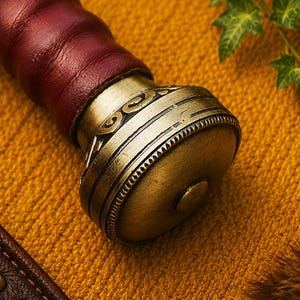 May include: A sword pommel crafted from antique brass featuring intricate engraved scrollwork and a beaded edge detail. The pommel is attached to a handle wrapped in deep burgundy leather, showcasing a metallic finish and textured design.