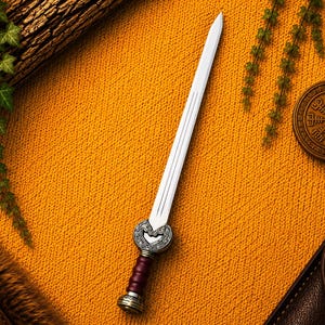 May include: A double-edged steel sword featuring a pointed blade with a central fuller. The hilt includes a dark maroon grip, a metallic pommel, and an ornate, silver-toned crossguard decorated with intricate, swirling embossed patterns.