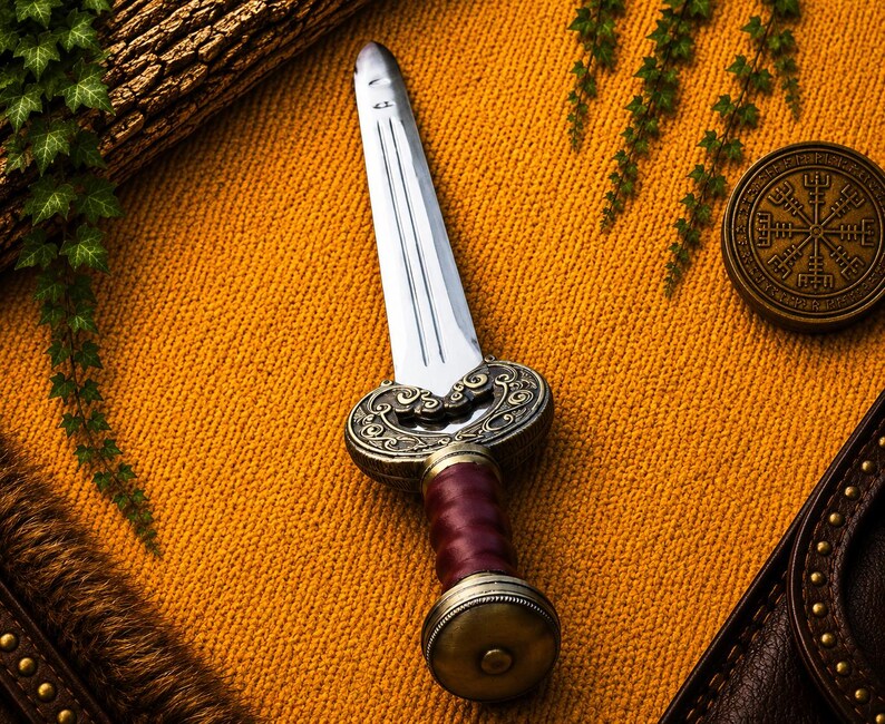 May include: A double-edged dagger with a polished steel blade, a dark red leather-wrapped grip, and an ornate bronze-toned metal crossguard and pommel. The crossguard features intricate scrollwork, and the pommel is a rounded, textured disc.