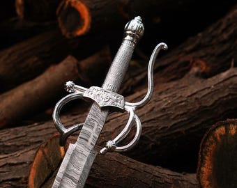 Hand Forged Damascus Steel Rapier Sword With Leather Sheath, Medieval Sword, best wedding gift for him,MASTER swords, gift for him/boyfriend
