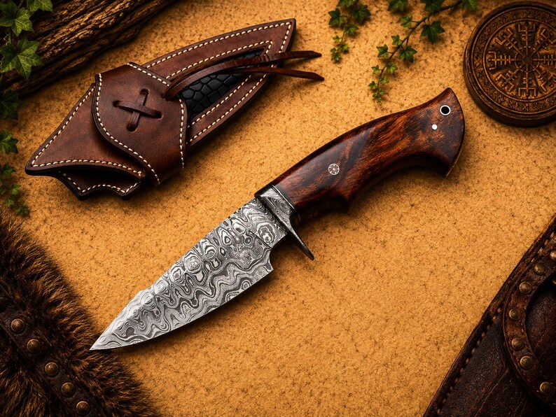 May include: A fixed-blade knife with a patterned Damascus steel blade and a polished dark brown wooden handle. The knife features a metal bolster and a lanyard hole. It is accompanied by a brown leather sheath with visible stitching and a leather tie.