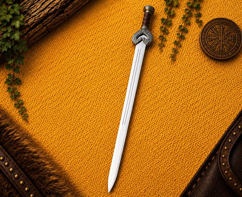 May include: A double-edged sword with a silver-toned blade and a central fuller. The hilt features an ornate, heart-shaped silver crossguard with intricate scrollwork, a dark brown leather-wrapped grip, and a cylindrical silver pommel.