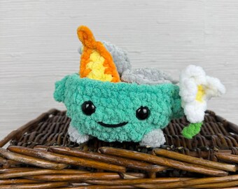 Peluche feu de benne à ordures au crochet - Peluche de soutien émotionnel avec fleur