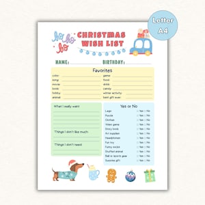 May include: A printable Christmas wish list template on white paper with the text "CHRISTMAS WISH LIST" and "Ho ho ho". It features sections for favourites, wants, and a yes or no checklist, decorated with a blue car, a dachshund, and holiday icons.