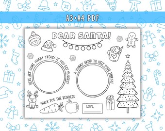 Op de afbeelding: Zwart-wit printbaar kerstactiviteitenblad met de tekst "DEAR SANTA!". Bevat ruimtes voor traktaties en drankjes, plus illustraties van een rendier, kerstboom en peperkoekmannetje. A3 en A4 PDF.