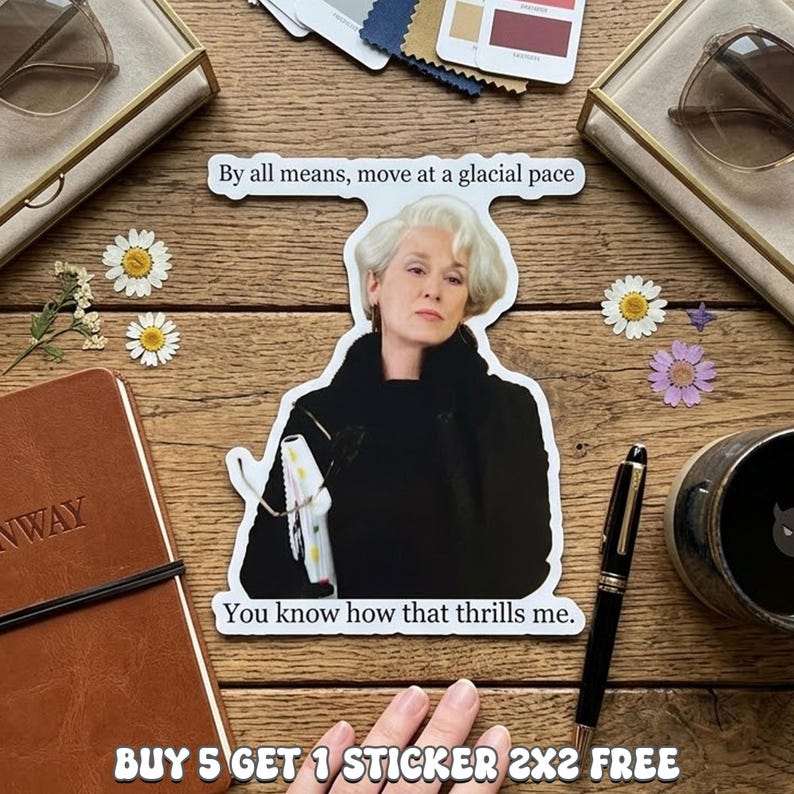 May include: A white sticker featuring a portrait of a woman with the text "By all means, move at a glacial pace" and "You know how that thrills me." The sticker is surrounded by stationery and flowers.
