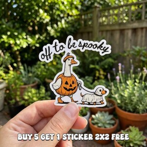 Off to be Spooky Goose Walking Dog Sticker, Off To Be Spooky Goose Holding Coffee Pumpkin Bucket Sticker, Funny Halloween Goose Sticker