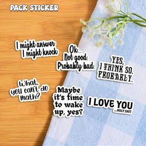 May include: A pack of white stickers with black text. The stickers have various phrases, including "I might answer, I might knock," "What, you can't do math?" and "I love you...holy shit." The stickers are on a wooden surface.