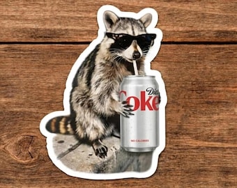 Funny Raccoon Drinking Iced Soda Sticker, Animal Meme Graphic Car Magnet, Gift for Men, Women