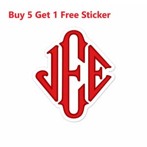 May include: Red sticker with the letters JCE in a stylized monogram design. The letters are in a bold, serif font and are enclosed within a diamond shape. The sticker has a white border and the text "Buy 5 Get 1 Free Sticker" in red.