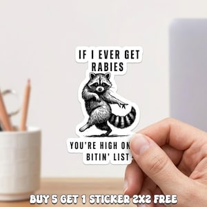 Funny Raccoon Sticker, “If I Ever Get Rabies You’re High on My Bitin’ List” Meme Sticker, Viral Trendy Vinyl Sticker for Laptop Water Bottle