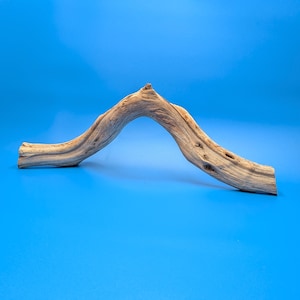May include: A curved piece of light brown driftwood with a smooth, weathered texture and a distinct arch shape. The wood features natural grain patterns, small knots, and a tapered end, showcasing the organic form of a branch shaped by water.