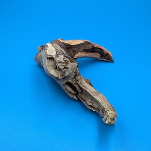 May include: A piece of weathered driftwood with a gnarled, organic shape. The wood features a mix of light gray, tan, and dark brown tones, showcasing a rough, textured surface with deep grooves, knots, and natural erosion patterns throughout.
