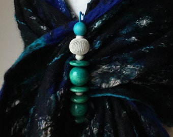 Large felted wool, metal & wood shawl pin Brooch  - Turquoise blue jade teal white  - Quirky lagenlook Christmas gift for her