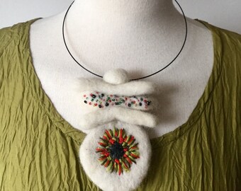 May include: A white felt necklace with a round pendant featuring a black and green embroidered design. The pendant is attached to a black cord.