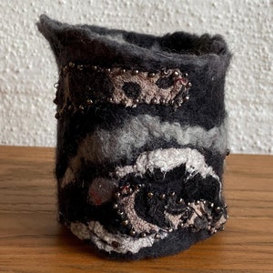 Monochrome, Grey, black and white Beaded nuno Felted cuff, bracelet, wrist warmer, pixie faerie cuff Art To Wear OOAK