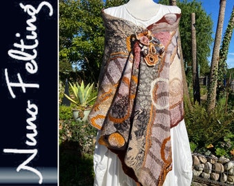 Brown nuno felted shawl, reversible neutral wool shawl, ochre, grey, taupe, cream , silk & wool wrap, gift for her, Art to Wear