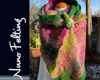 Pink & greeen Nuno Felted scarf, Magenta, acid green, purple shawl, pink nuno shawl, colourful scarf,, art to wear,