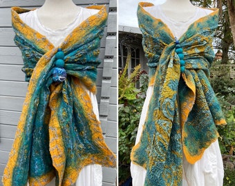 Gold Nuno Felted scarf, Turquoise felted wool shawl, teal nuno wrap, gold silk shawl, art to wear, lagenlook